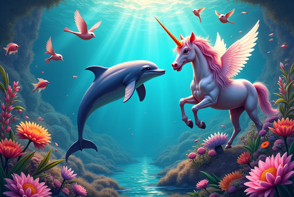 A unicorn jumping in the air but seen from the side and the dolphins are also jumping in the air with the pink sky and the sea and with a rainbow and hearts