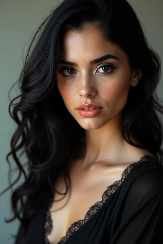 Woman with black wavy hair , of Iranian beauty, large, expressive black eyes, long nose small mouth, Oval face, with hair to one side in a photo pose, orange lips, black eyelashes, clear skin, navel blouse