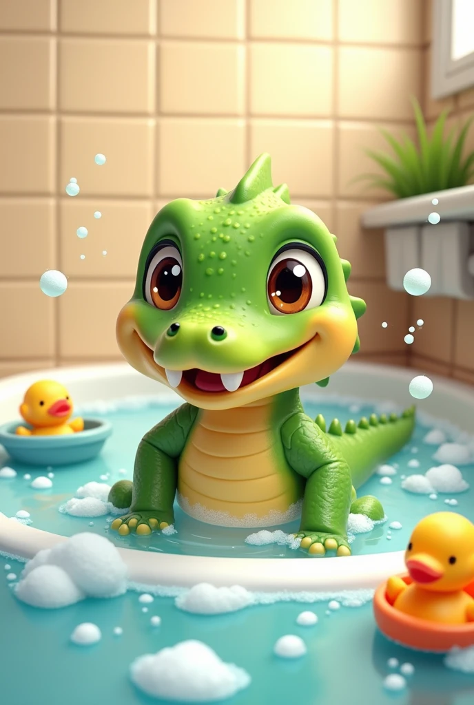 Animated babay crocodile in bath, with bubbles and toys