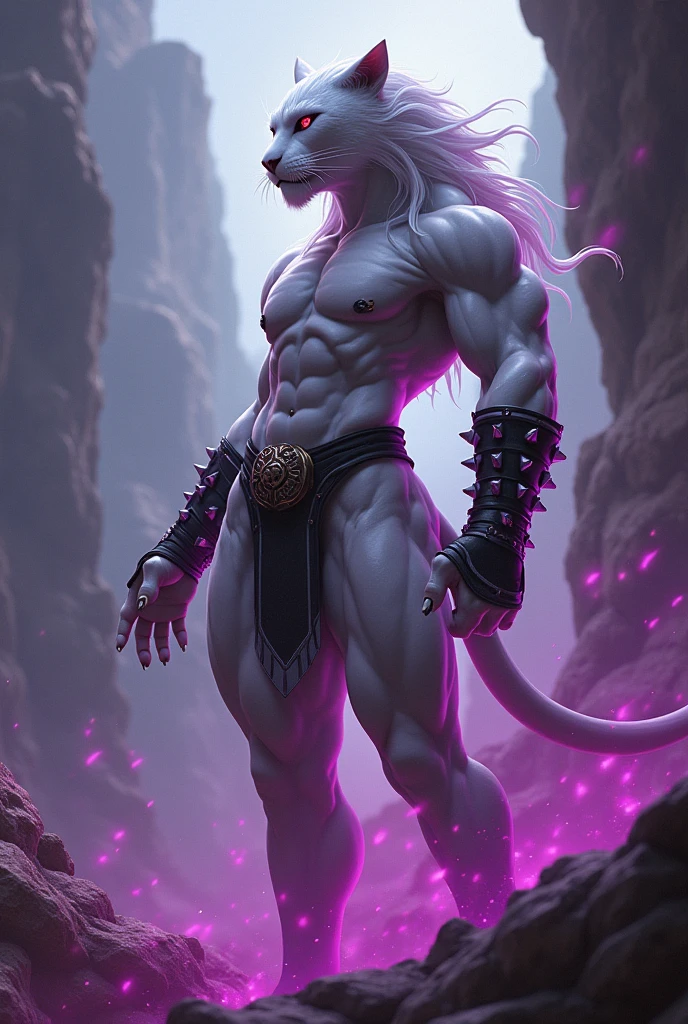Panther inspired character with a white panther body tinged with black and purple red muscular a white panther tail a white panther head panther legs panther arms with spiked bracelets is a dangerous fighter side