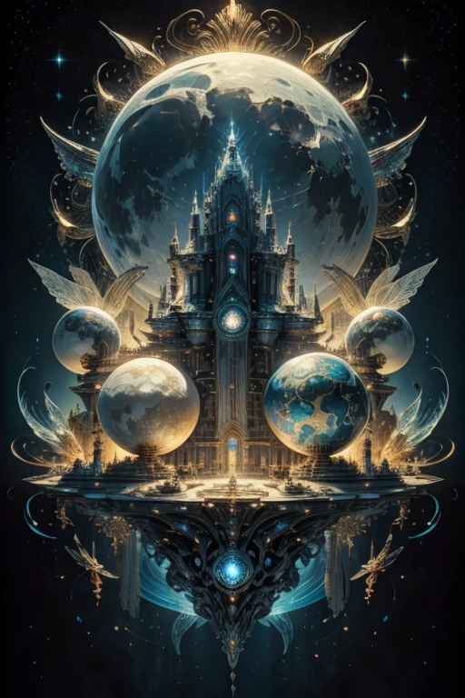 A light sky air two battle space ship surround by the magician circle with a diamond inside the orb, many shining butterfly, sparkle sky, shining, gust of wind, light bright flowers, sun and moon, dark light of fantastic and cosmological with universal. Amazing view very bright and warm starry. Detail, HD, Enchanted. Dynamic, Gorgeous, Multiple colours. Very epic and bright. Handsome. Sky half bright, half starry dark, split up sky into two day and night.