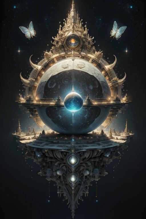 A light sky air two battle space ship surround by the magician circle with a diamond inside the orb, many shining butterfly, sparkle sky, shining, gust of wind, light bright flowers, sun and moon, dark light of fantastic and cosmological with universal. Amazing view very bright and warm starry. Detail, HD, Enchanted. Dynamic, Gorgeous, Multiple colours. Very epic and bright. Handsome. Sky half bright, half starry dark, split up sky into two day and night.