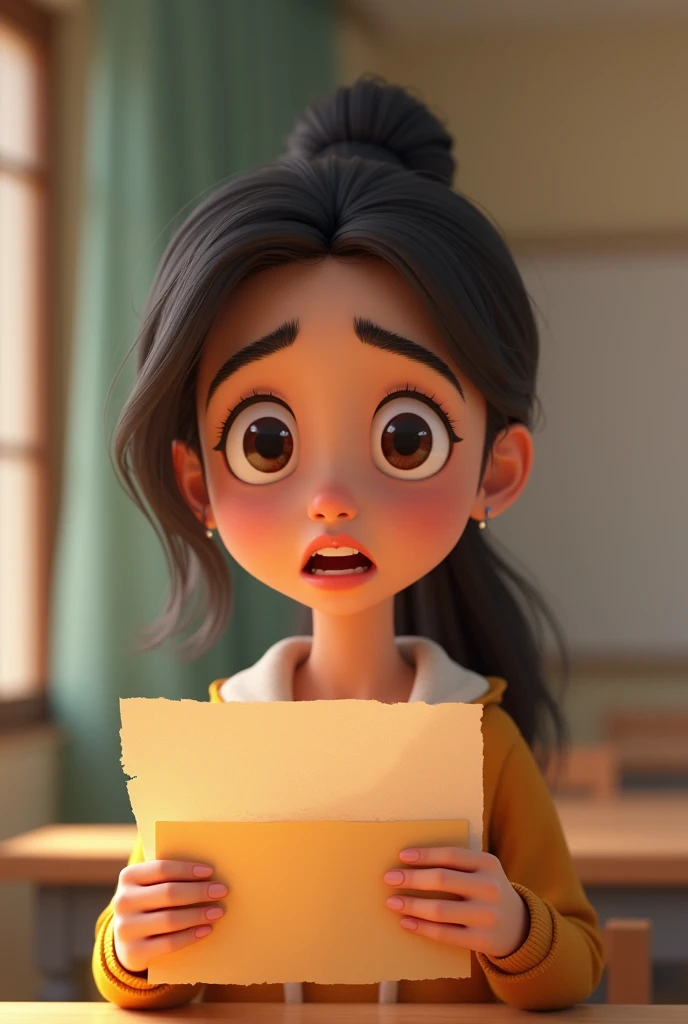 In 3d animation style "Sumana receiving her exam results, with a mixture of anxiety and hope on her face."