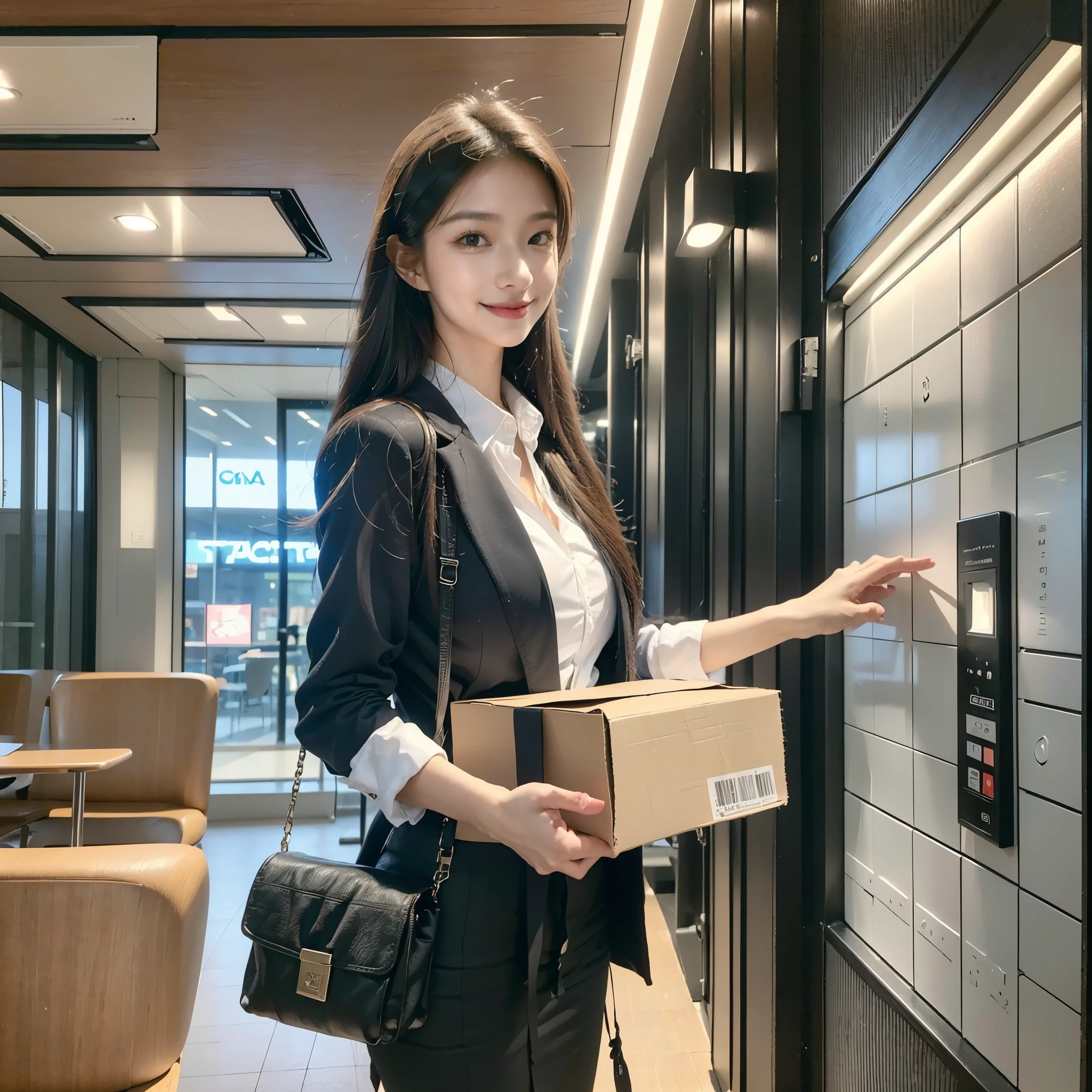 A girl is preparing to open a smart locker in the building, looking at the audience, Smile,accurate, detail, masterpiece, hyper-realistic, Realism, Portrait photography, 