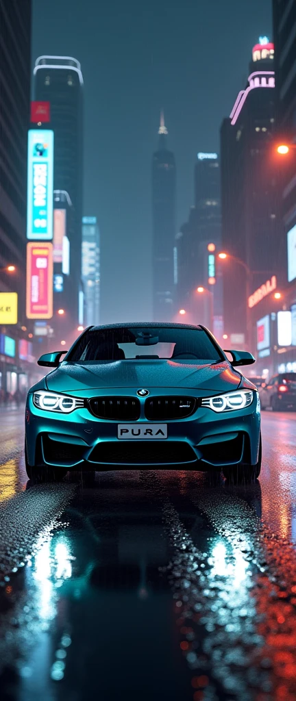 bmw m4 coupe on the sanghai road at night and rain with plat number PUTRA