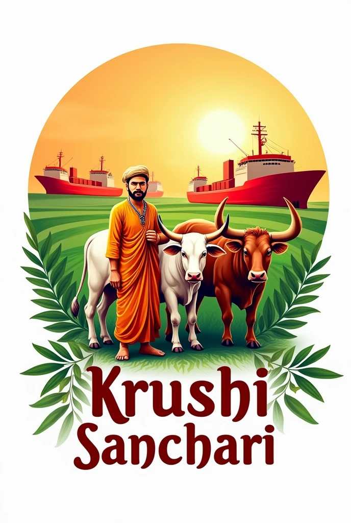 make a logo with using indian farmar HF cow and Indian bull and Indian red ships
with krushi sanchari label