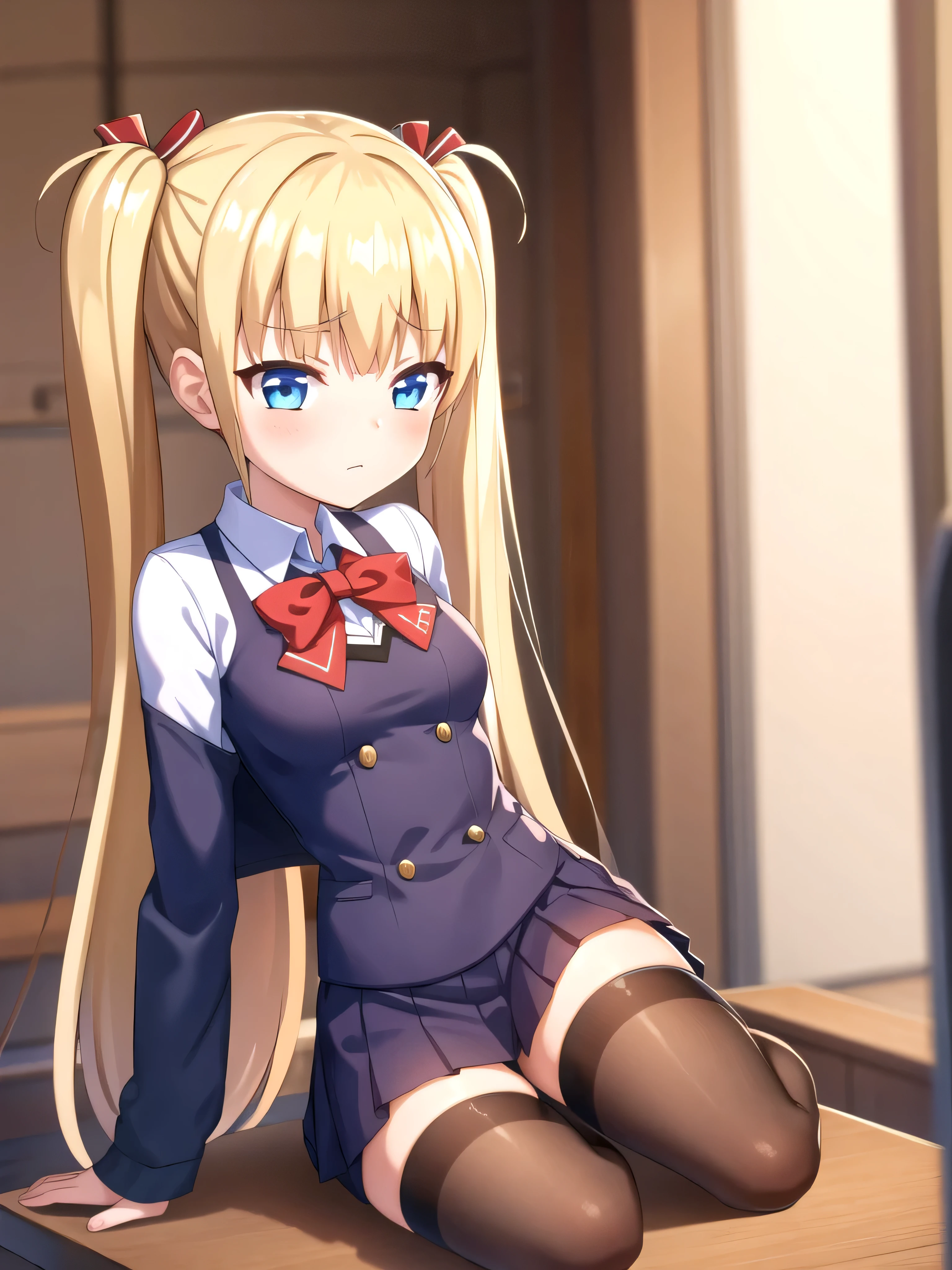 (masterpiece, Best Quality:1.2), absurdities, perfect anatomy, owtech, stylized, 1 girl, full body, looking at the viewer, blunt bangs, Focus only, Soft lighting, (blue eyes), blonde hair, very long hair, twintails, Airi Akizuki, medium breast, sexy school uniform,thighhighs, sitting on a table in a school uniform