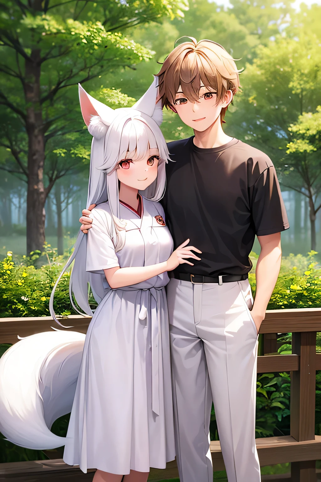 An illustration of a young female gumiho and a young human boy together. The girl is a gumiho, depicted as a cute elementary school-aged girl with long, flowing white hair, fox ears, and multiple fox tails. She is wearing a traditional Korean hanbok in soft pastel colors, with a gentle and kind expression. The boy is a human, around the same age as the girl, with short black hair and casual modern clothing like a t-shirt and shorts. They are standing side by side, smiling at each other with a warm, friendly connection. The background is a peaceful, natural forest setting that emphasizes their innocence and friendship.