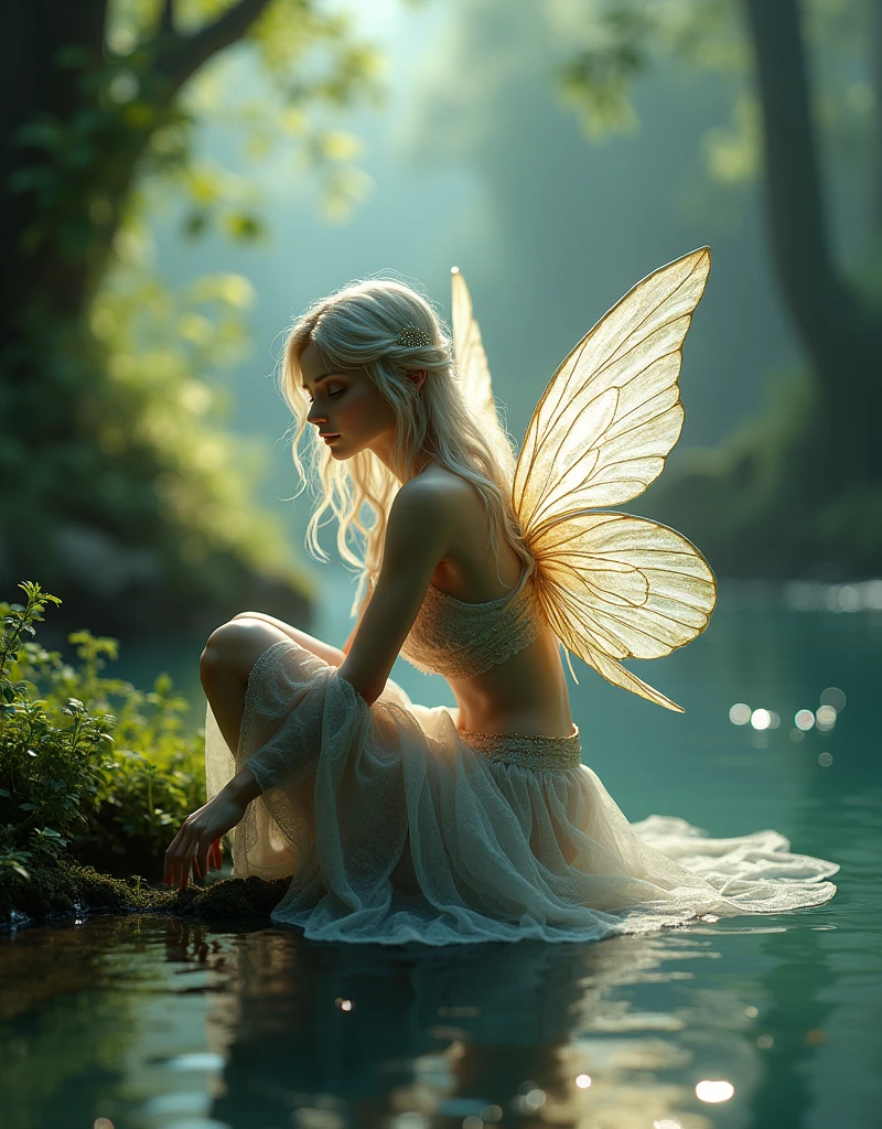 a woman dressed as a fairy is sitting on the edge of a body of water, beautiful fairie, forest fae, faerie, forest fairy, beautiful fairy, fairy magnificent, fairy cgsociety, beautiful adult fairy, fantasy photography, water fairy, stunning 3d render of a fairy, realistic fantasy photography, faeries, fairy aesthetics, fairies have wings, fairylike, fae, fairy look, beautiful fairies, fairy atmosphere