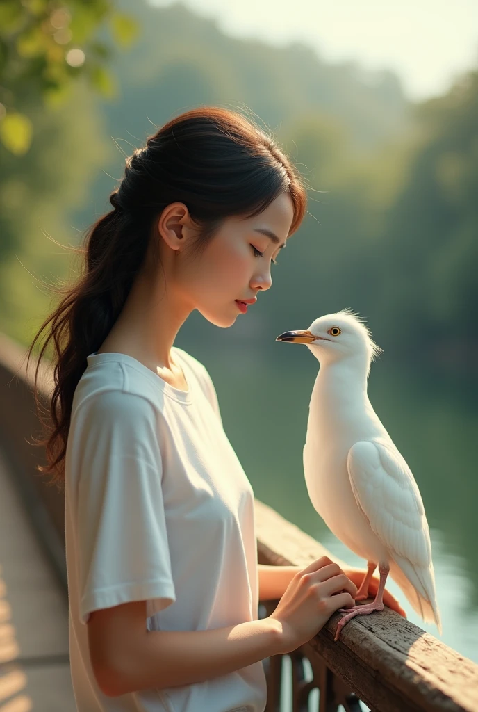 A Thai woman in a white T-shirt asks a white bird on the bridge.