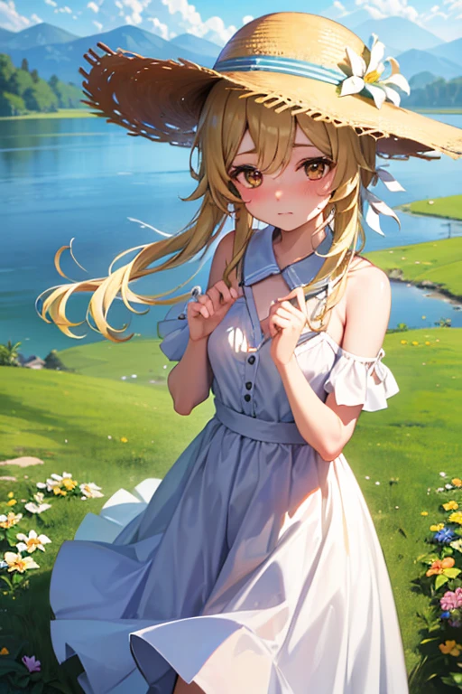 Grassland with a lake view、The lake is sparkling、White dress、Red cheeks、Embarrassed face、Looking up at me with a dirty look、Looking at me、Straw hat、