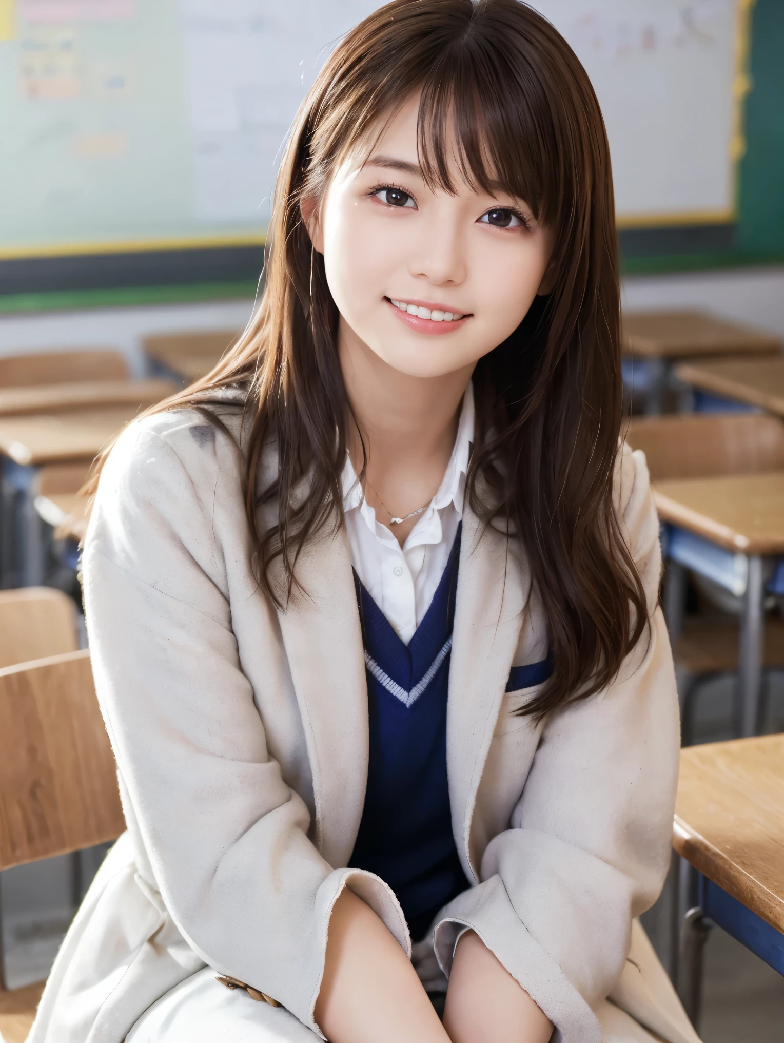 1 person, (Wear a platinum coat:1.2), (RAW Photos, Highest quality), (Realistic, Photorealistic:1.4), Highest quality, Soft Light, Ultra-high resolution, (Realistic:1.4), RAW Photos, whole body、Knee Shot, Of Japanese, alone, cute, (pupil, Light in your eyes), Beautiful face in every detail, (Long Hair), indoor, Schoolgirl Uniform、In a high school classroom, Looking at the audience, smile