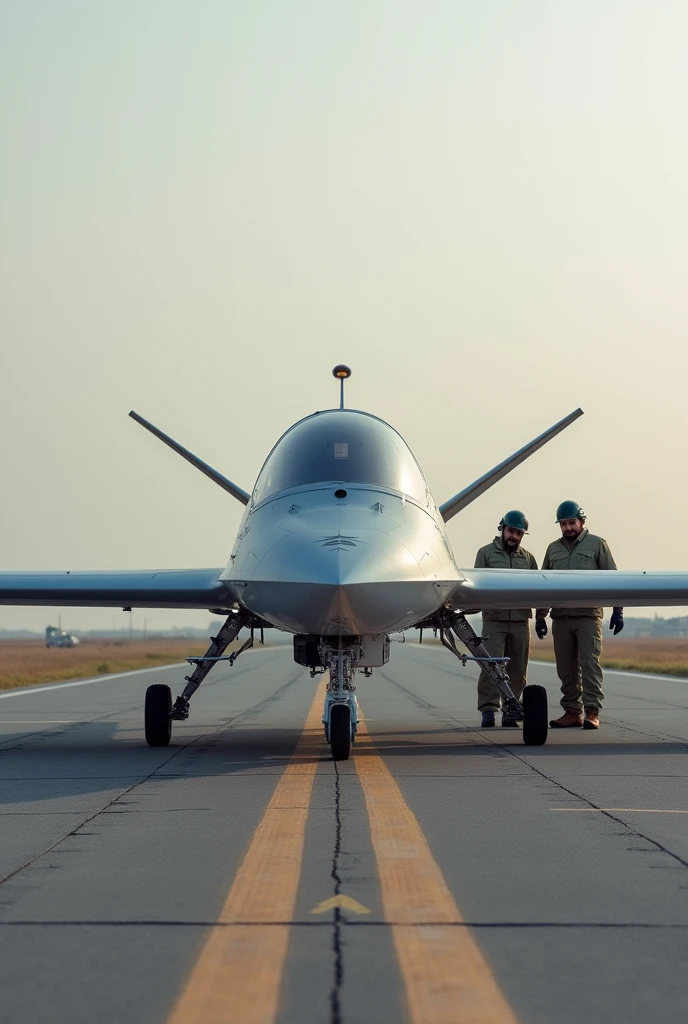 Side view of shahpar 2 uav ready for flight on runway. Flight teat team is around. There are markings on runway.