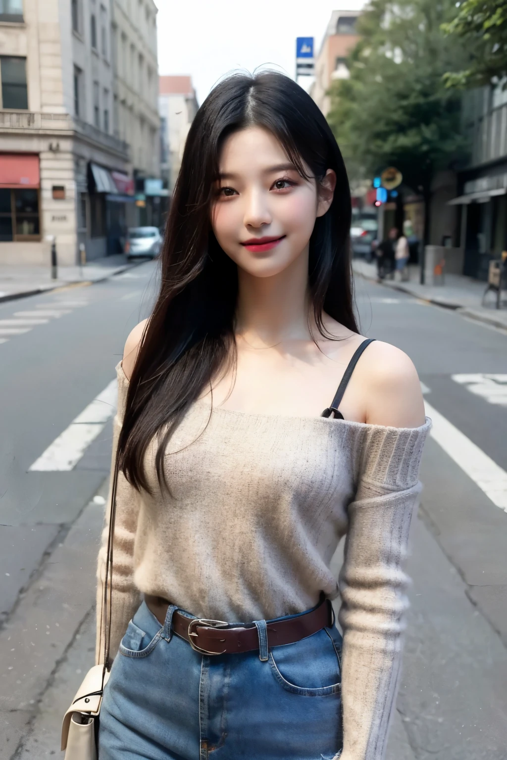 ((best quality, 8k, high res, masterpiece)), (photorealistic:1.4), 1girl, Korean girl, light smile, K-pop outifit, oversize sweater, waist up, elegant poses, (black hair), perfect body, perfect face, small breasts, in the street background, Jiheon