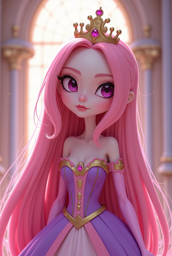 Princess is the epitome of a regal yet quirky ruler, blending elegance with a touch of whimsical charm. She has long, bubblegum-pink hair that flows smoothly down her back, straight and silky with a soft sheen, often styled in a neat, classic cut that reflects her organized and scientific mind. Her hair color matches her namesake perfectly, giving her an instantly recognizable and iconic look.
Her skin is a light, pastel pink, smooth and flawless, with a delicate, almost porcelain-like quality. This unique complexion adds to her otherworldly appearance, making her stand out in any crowd. Her face is youthful and heart-shaped, with gentle features that convey both kindness and intelligence. She has large, expressive eyes that are a deep shade of magenta, brimming with curiosity and wisdom. Her gaze is often thoughtful, reflecting her role as a scientist and leader, yet there’s always a spark of playfulness that hints at her more mischievous side.
Her eyebrows are finely arched, slightly darker than her hair, framing her eyes in a way that highlights her sharp intellect. Her nose is small and dainty, and her lips are naturally tinted a soft pink, often curved into a thoughtful smile or a knowing smirk. Her overall expression is one of gentle authority, tempered with warmth and compassion.
Princess wardrobe is a perfect blend of royal elegance and practicality. She typically wears a long, flowing gown in shades of pink and purple, with subtle embellishments that reflect her royal status. The gown has a high collar and puffed sleeves, giving it a classic, regal look, while still allowing her to move freely as she goes about her scientific experiments and royal duties. She often wears a golden crown atop her head, adorned with a small gemstone that signifies her status as the ruler of the Candy Kingdom.
Her overall appearance is a blend of sophistication and sweetness, much like her personality.
