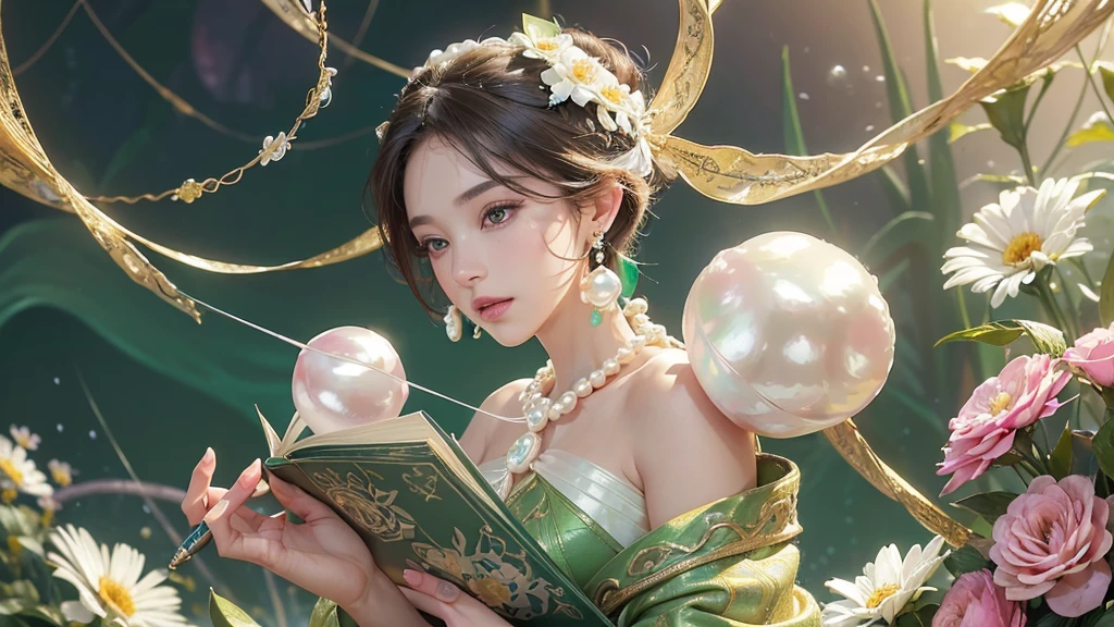 32K, 最高quality, 最高masterpiece, (ultra-Detailed Background, Detailed Background), High resolution, Super detailed, Very detailedな, 1 personの, (bouquet:1.3), (Tangled:1.2), (Geometric:1.2),(colorful),(masterpiece, quality, best quality, Official Art, Beautiful and beautiful:1.2), (1 person:1.3), Very detailed,(colorful:1.1)(Flowers:1.3),Most detailed,(Tangled:1.2), whole body, (Abstract background:1.3), (Skin glows), (Many colors:1.4), ,(Earrings Pearl:1.5), Emerald green pale background, It's imaginative., Brunette Hair, Updo, Holding a book, Holding a pen, Satin shirt