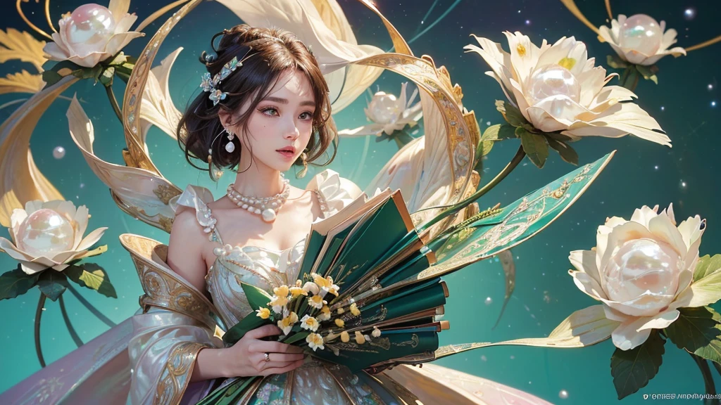 32K, 最高quality, 最高masterpiece, (ultra-Detailed Background, Detailed Background), High resolution, Super detailed, Very detailedな, 1 personの, (bouquet:1.3), (Tangled:1.2), (Geometric:1.2),(colorful),(masterpiece, quality, best quality, Official Art, Beautiful and beautiful:1.2), (1 person:1.3), Very detailed,(colorful:1.1)(Flowers:1.3),Most detailed,(Tangled:1.2), whole body, (Abstract background:1.3), (Skin glows), (Many colors:1.4), ,(Earrings Pearl:1.5), Light green background, It's imaginative., Brunette Hair, Updo, Holding a book, Holding a pen, Satin shirt,