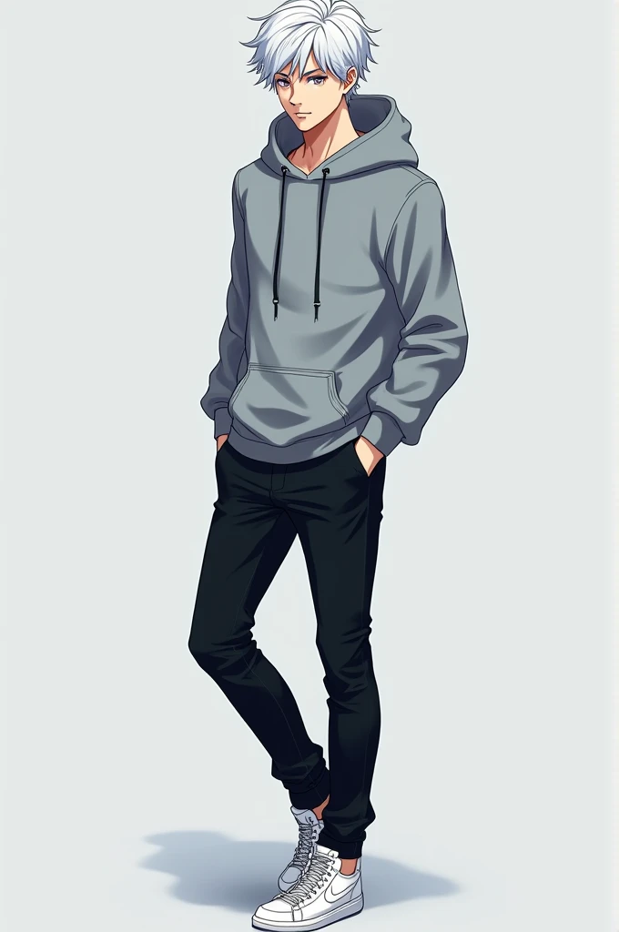 Anime handsome boy grey Hoodie black pant white sneakers white hair