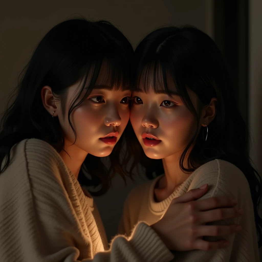 Identical twin sisters, , bangs, Crying face, Hug from behind。Accurate anatomy、(8k、uhd、Live Shooting、Highest quality、masterpiece:1.2)、Super detailed、Super Resolution、(Hyper Reality、)Super detailed、Super Resolution、(Real、Actual Photos:1.47)、(They are hugging each other.)Leaning closer、(Fantastic lighting)Hug me、Cinema lighting、White skin、Fair-skinned female proofreading、ultra HD、Stylish lighting、Beautiful female proofreader reflecting light、Amazing details、Highly detailed beautiful、Highly detailed face、Highly detailed eyes、Extremely realistic skin、 Highly detailed fingers, Highly detailed nose, Highly detailed mouth,