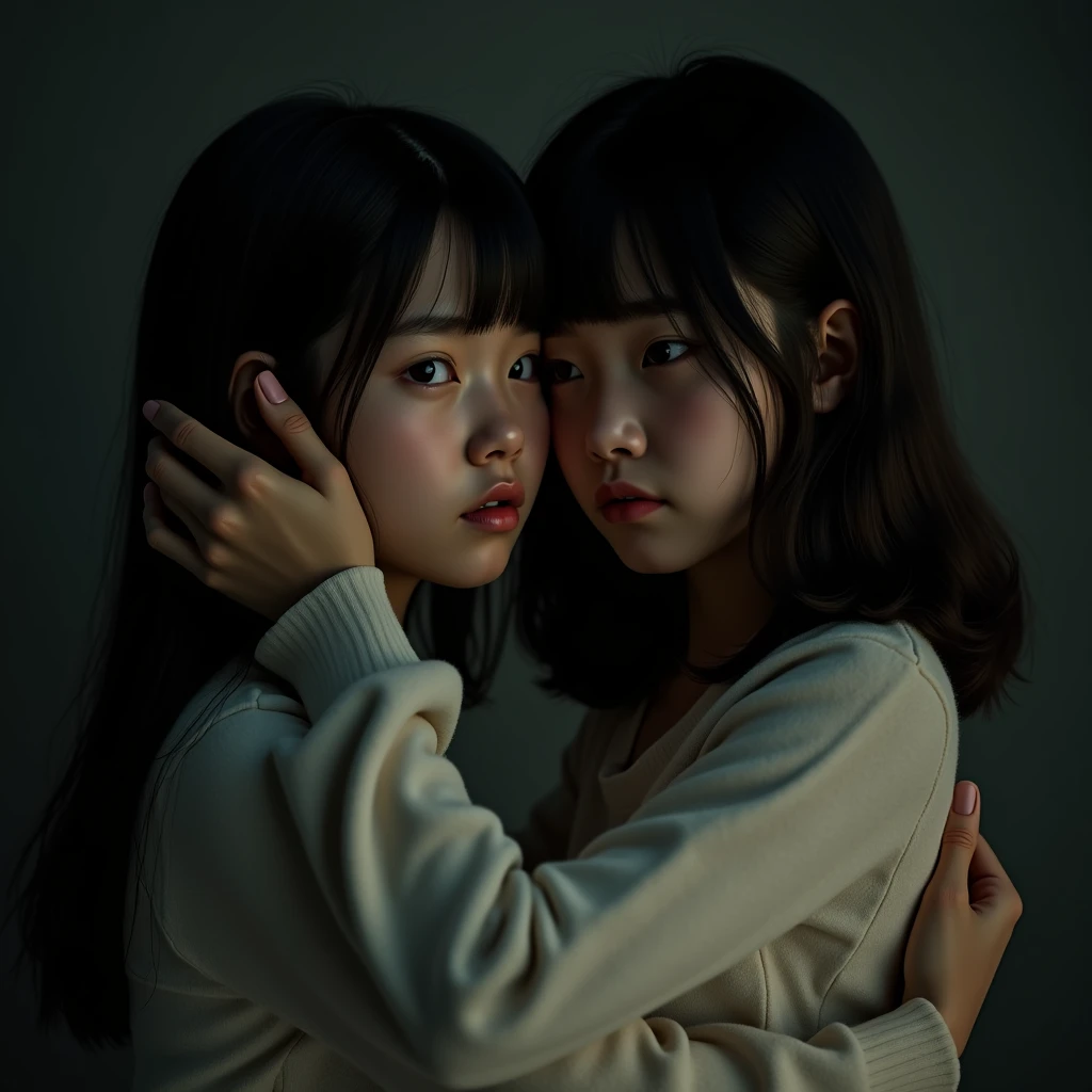 Identical twin sisters, , bangs, Crying face, Hug from behind。Accurate anatomy、(8k、uhd、Live Shooting、Highest quality、masterpiece:1.2)、Super detailed、Super Resolution、(Hyper Reality、)Super detailed、Super Resolution、(Real、Actual Photos:1.47)、(They are hugging each other.)Leaning closer、(Fantastic lighting)Hug me、Cinema lighting、White skin、Fair-skinned female proofreading、ultra HD、Stylish lighting、Beautiful female proofreader reflecting light、Amazing details、Highly detailed beautiful、Highly detailed face、Highly detailed eyes、Extremely realistic skin、 Highly detailed fingers, Highly detailed nose, Highly detailed mouth,