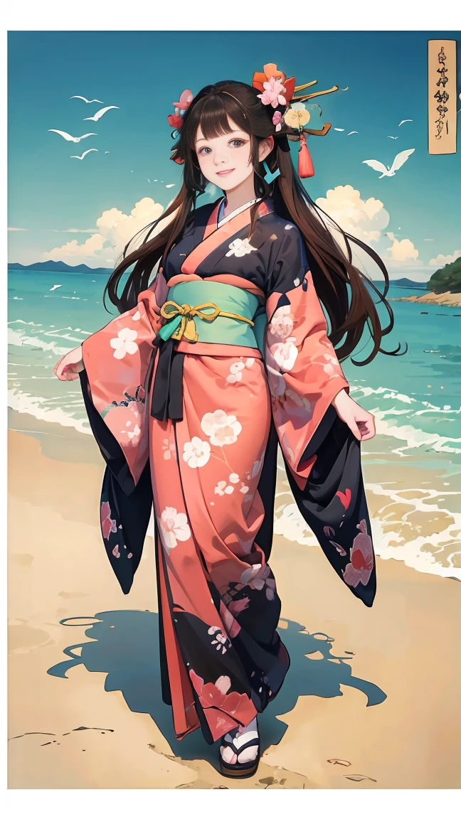 (SeaArt creates stunning illustrations of beautiful women in kimono)、Vividly colored Japanese Ukiyo-e style illustrations、A beautiful woman smiles and shows her upper white teeth、Brown-black long hair、Beautiful full body style、Let's dance a little Tokyo Ondo Yoiyoi、Beautiful new digital paintings,、Bright vibrant digital anime art、 Beautiful anime portraits、background、Torii gate of the Japan shrine、 Detailed digital anime art、
