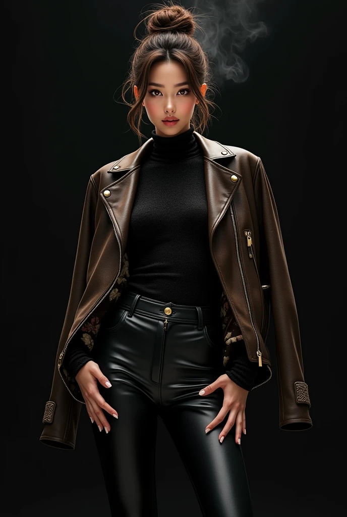 beautiful tanned japanese woman,wearing a designer jacket using expensive materials, from brownish black buffalo leather, with a Gucci motif inner lining accent, and a hoodie with a green, red and gold floral pattern. and black sequin fabric turtle neck top tucked inside latex pants, gold zipper, thick eyebrows, photorealistic, masterpiece, moncler, messy bun highlighted brown hair, open coat, lips pouting, pouts, void black background with smokes and nice lighting