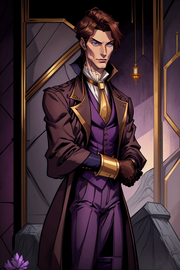 Pale and tall man, Appears to be 30-3.long light brown hair with golden highlights, Thin gray-blue eyes with dark purple eyeshadow and noticeably high cheekbones. His clothes are in Victorian style, old, Long dark burgundy jacket with lavender lining and gold pins on the folded cuffs. Under his jacket he has a purple vest over a white ruffled shirt, Wearing classic purple trousers, In dark blue knee-high boots and gloves of the same color.