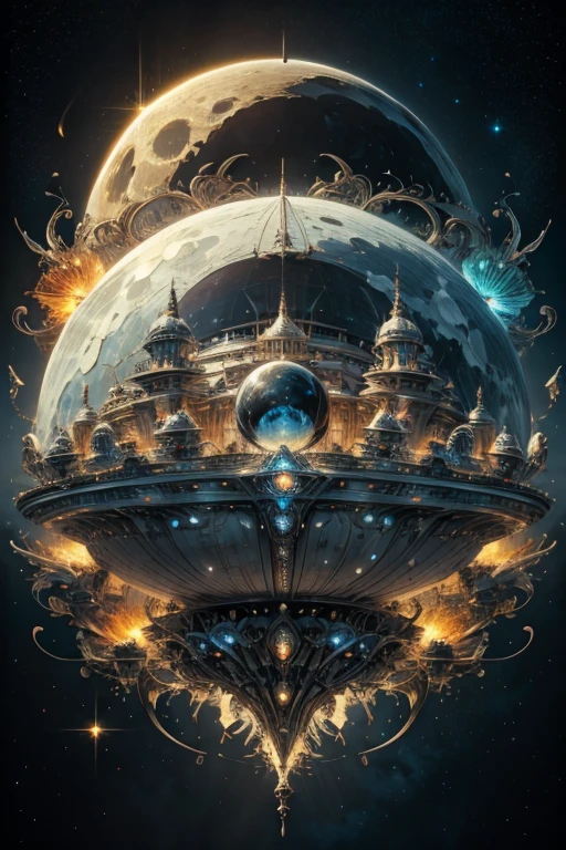 A light sky air two different battle space ship surround by the magician circle with a diamond inside the orb, many shining butterfly, sparkle sky, shining, gust of wind, light bright flowers, sun and moon, dark light of fantastic and cosmological with universal. Amazing view very bright and warm starry. Detail, HD, Enchanted. Dynamic, Gorgeous, Multiple colours. Very epic and bright. Handsome. Sky half bright, half starry dark, split up sky into two day and night.
