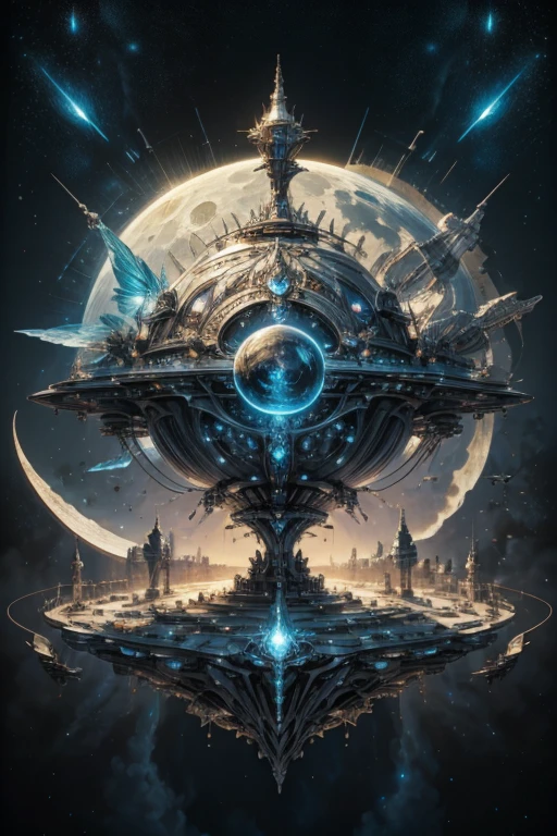 A light sky air two different battle space ship surround by the magician circle with a diamond inside the orb, many shining butterfly, sparkle sky, shining, gust of wind, light bright flowers, sun and moon, dark light of fantastic and cosmological with universal. Amazing view very bright and warm starry. Detail, HD, Enchanted. Dynamic, Gorgeous, Multiple colours. Very epic and bright. Handsome. Sky half bright, half starry dark, split up sky into two day and night.