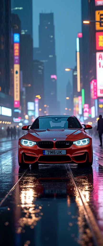 bmw m4 coupe on the sanghai road at night and rain with plat number Shadow