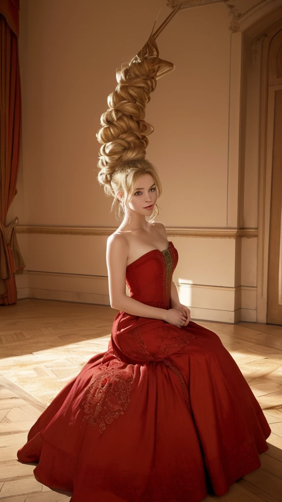  8k,highest quality, masterpiece, Ultra-high resolution,(masterpiece:1.6, highest quality), Intricate details,   1girl,princess, solo,fullbody shot,blonde hair, huge hairbun,tower hairbun,very big hair Bun ,red gown,,on castle