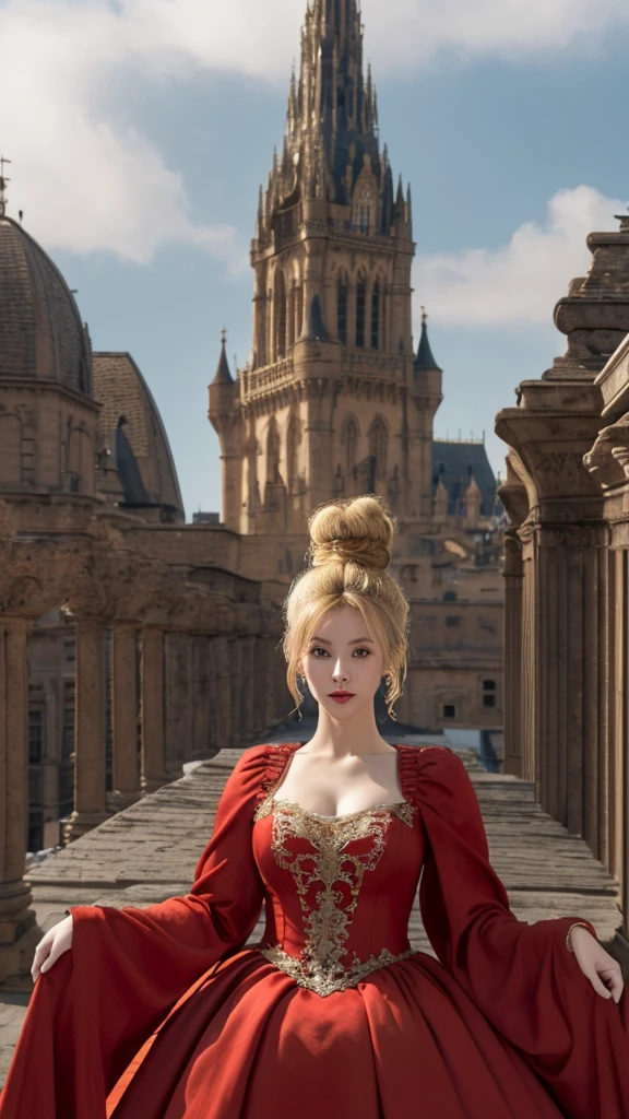  8k,highest quality, masterpiece, Ultra-high resolution,(masterpiece:1.6, highest quality), Intricate details,   1girl,princess, solo,fullbody shot,blonde hair, huge hairbun,tower hairbun,very big hair Bun ,red gown,,on castle