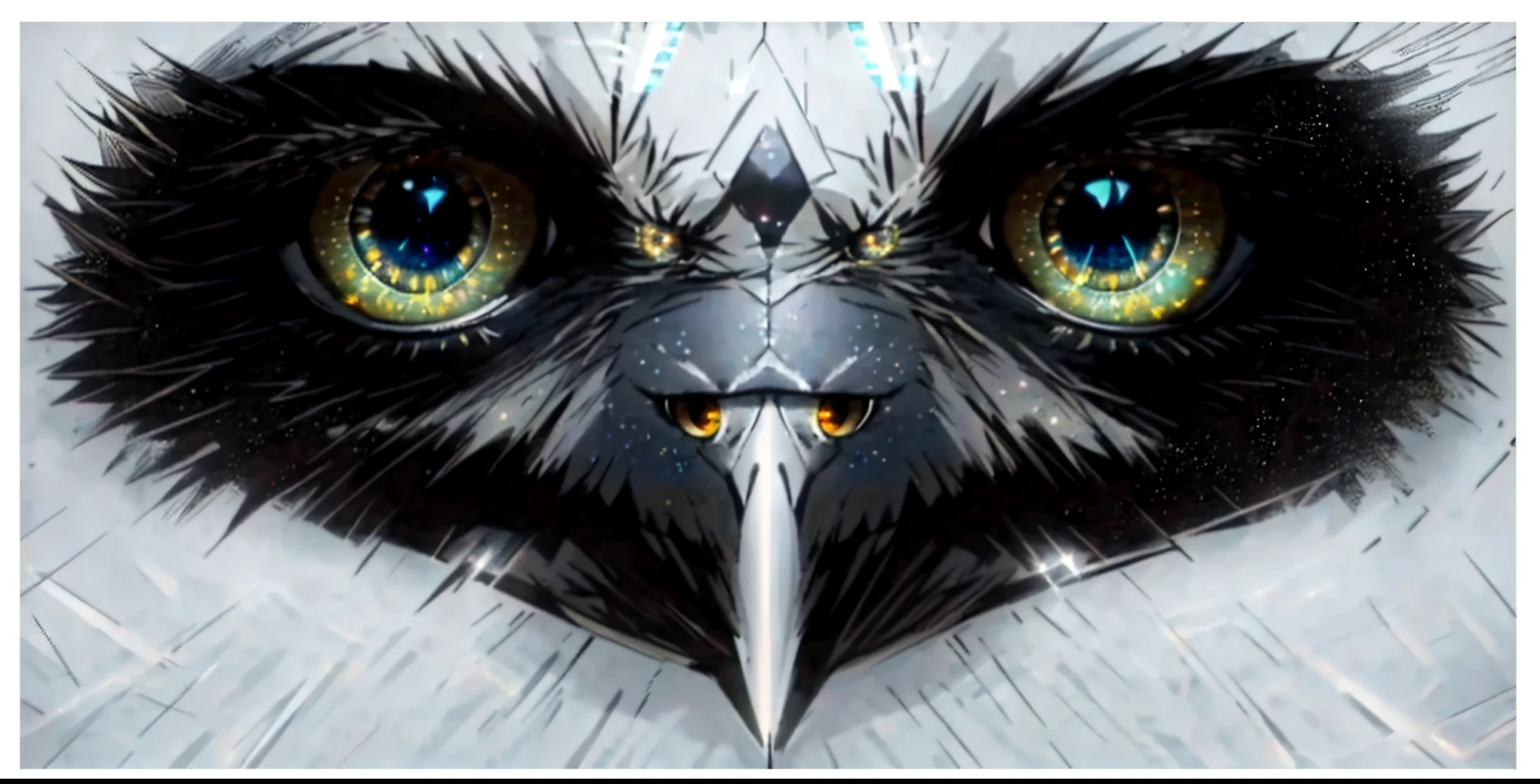 there is a close up of a bird with a very big eye, falcon bird face, very large eyes. symmetry, sparkling bird eyes, intense stare, with symmetrical head and eyes, large dark eyes, intimidating stare, heavy - lidded eyes, symmetric eyes, intelligent eyes. symmetrical, large entirely - black eyes, large entirely-black eyes