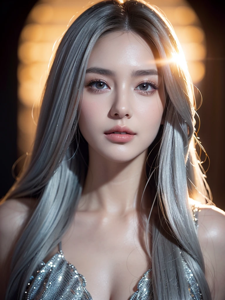 a beautiful woman with long silver hair , detailed realistic portrait, detailed face features, detailed eyes and lips, beautiful glowing skin, detailed cleavage, microphone, photorealistic, 8k, best quality, (realistic:1.37), (masterpiece:1.2), ultra-detailed, cinematic lighting, warm color tones, dramatic lighting