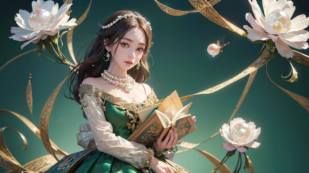 32K, 最高quality, 最高masterpiece, (ultra-Detailed Background, Detailed Background), High resolution, Super detailed, Very detailedな, 1 personの, (bouquet:1.3), (Tangled:1.2), (Geometric:1.2),(colorful),(masterpiece, quality, best quality, Official Art, Beautiful and beautiful:1.2), (1 person:1.3), Very detailed,(colorful:1.1)(Flowers:1.3),Most detailed,(Tangled:1.2), whole body, (Abstract background:1.3), (Skin glows), (Many colors:1.4), ,(Earrings Pearl:1.5), Pale yellow-green background, It's imaginative., Brunette Hair, Updo, Holding a book, Holding a pen, Satin shirt