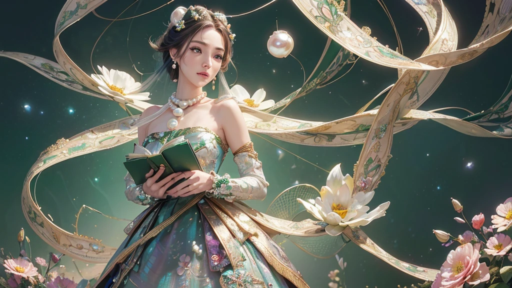 32K, 最高quality, 最高masterpiece, (ultra-Detailed Background, Detailed Background), High resolution, Super detailed, Very detailedな, 1 personの, (bouquet:1.3), (Tangled:1.2), (Geometric:1.2),(colorful),(masterpiece, quality, best quality, Official Art, Beautiful and beautiful:1.2), (1 person:1.3), Very detailed,(colorful:1.1)(Flowers:1.3),Most detailed,(Tangled:1.2), whole body, (Abstract background:1.3), (Skin glows), (Many colors:1.4), ,(Earrings Pearl:1.5), Emerald green pale background, It's imaginative., Brunette Hair, Updo, Holding a book, Holding a pen, Satin shirt