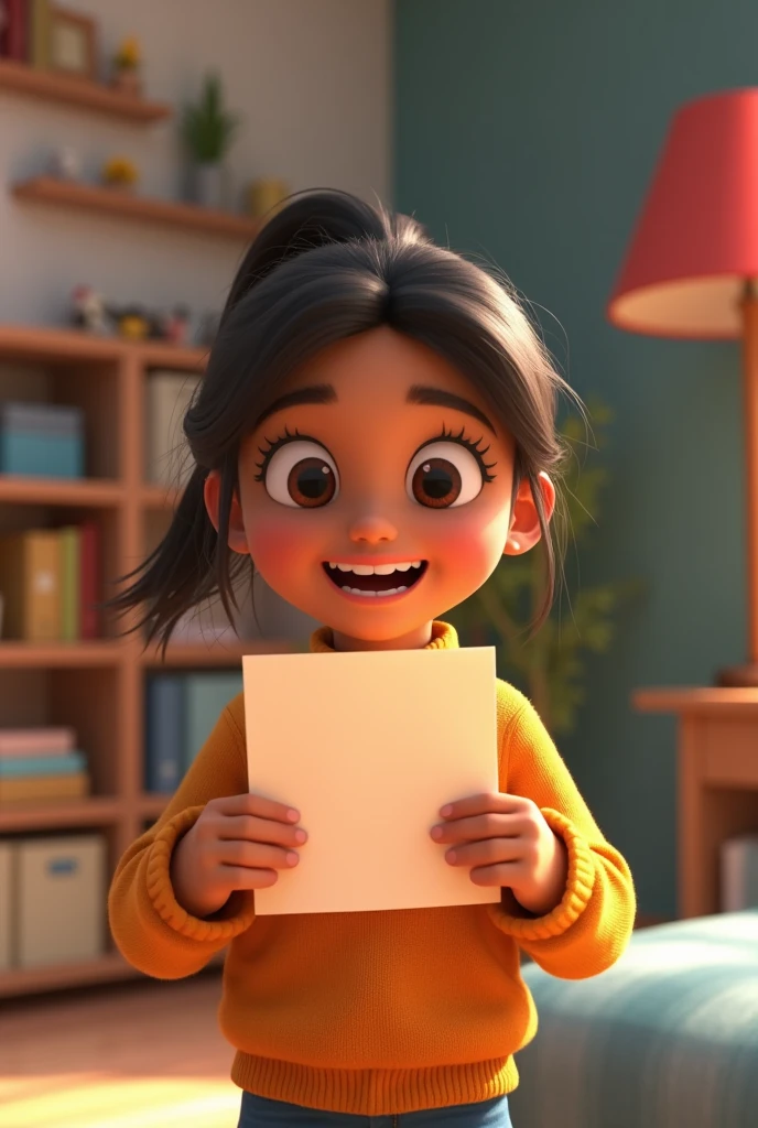 In 3d animation style "Sumana receiving an acceptance letter from a prestigious college, with a joyous expression."