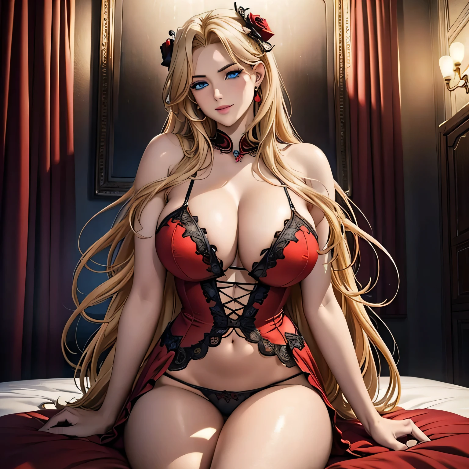 ((best quality)), ((masterpiece)), (detailed), perfect anatomy, highly detailed hands, highly detailed human ears, highly detailed face, highly detailed eyes, highly detailed nose, highly detailed mouth, highly detailed hair, highly detailed skin,a 1 girl,long straight blond hair,sky-blue eyes,athletic,self-confident smile,a single red rose as an hair ornament,coral color lipstick,coral lingerie with black ornament,cleavage,dynamic sexy pose, in bedroom, portrait,highly detailed,masterpiece,photorealistic,8k,ultra-detailed,dramatic lighting,intricate details,elegant,aristocratic,regal,noble,confident,powerful,imposing,dramatic, all image in sharp focus, full body wide shot