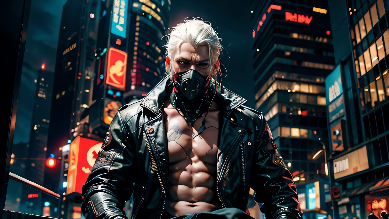 "Dark Theme :: close up face focus, Ultra realistic futuristic cyberpunk muscular man white hair sitting :: cyberpunk face (Cyber Eye) :: Cool Cyberpunk Jacket、Red neon eyes :: Upper body naked:: Mechanically complex mask :: Natural light :: Bokeh :: 8k :: Highest quality :: masterpiece :: Futuristic cityscape background"