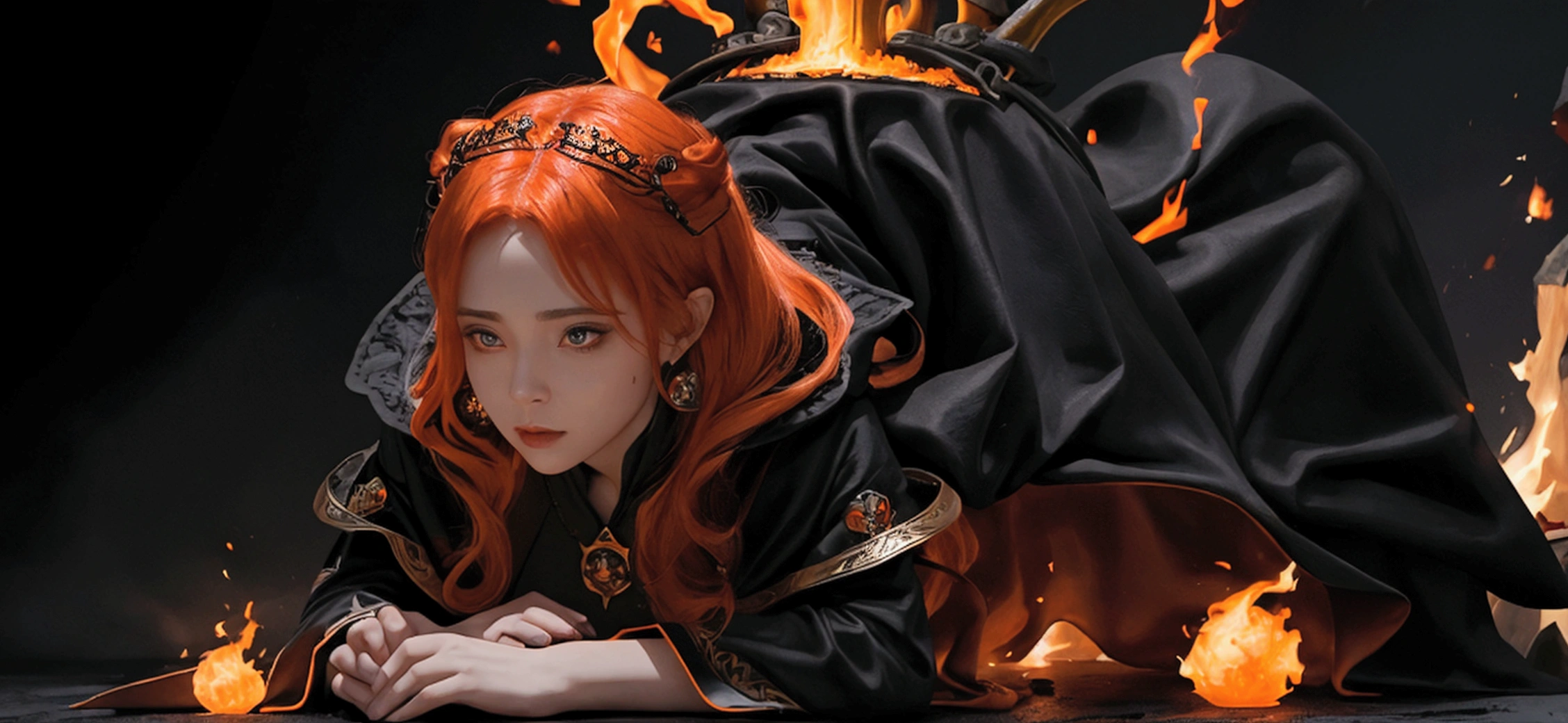 Female in a black wizard outfit with fire coming from her hands with orange hair and a black crown
