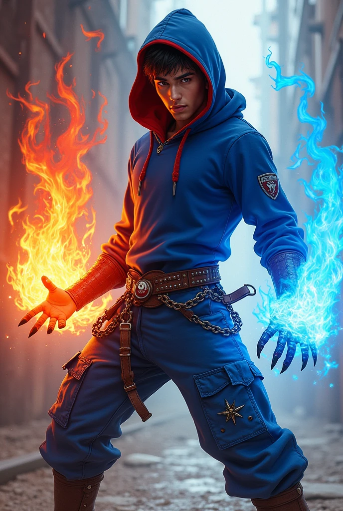 Boy age 20, latin, brown eyes, deep and cute eyes, royal blue hoodie, the hoodie hood is red into, royal blue cargo pants, only right demon arm, only right arm on red flames, only left arm blue flames, japanese style, belt with a blue and red ying yang, chains around the belt, athletic, magic powers, action, cunning look, leather brown boots with metal pins, black cat nails, iori pose, black hair
