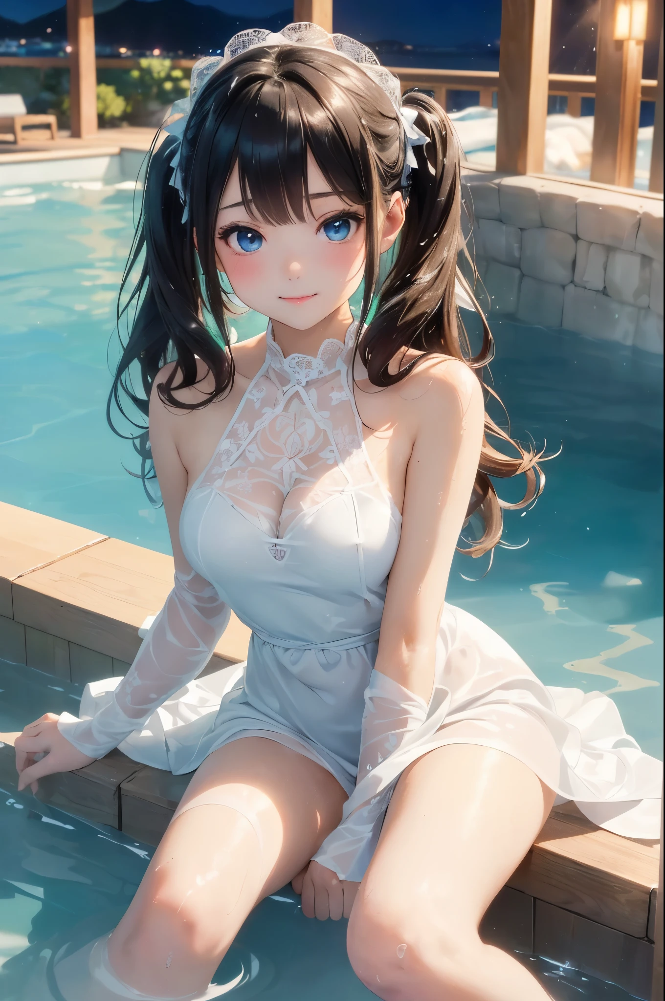 ((masterpiece)), ((highest quality、Ultra high definition)), (Very detailed),((8k、Photo quality))、((Amazingly cute girl))、(1 girl,)、Two people, , (Beautiful emerald blue eyes), ((smile)),((Ultra-luxury Japanese-style inn in Japan、A large open-air rock bath)), Beautifully arranged black hair in twin tails、Slim Body、(Cute little breasts)、(((Naked and washing body)))、Professional Lighting、(White lace knee-highore detailed and beautiful)、(More details and cutenesore realistic)、((Just wear light clothing))、Frolic in the pool、(Too cute)、(The embodiment of cuteness)、(Godly cuteness)、((Night view))、((A lot of creamy foam, so it's almost impossible to see))、