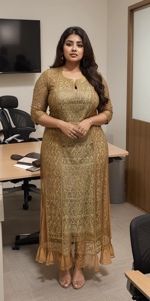 Day scene, A radiant, full-figured South Indian 3 aunty a light yellow colour chiffon fully transparent kurta, bra visible through kurta, ,standing, in a office captured in a full-body image with vibrant hues and meticulous details. Full body image