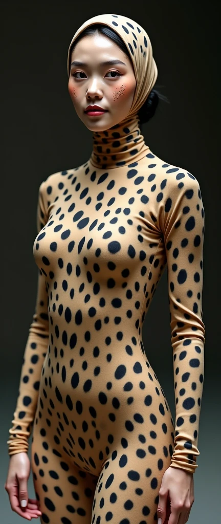 The beautiful and slender thin asian muslumah adult girl with beautiful cheeks wears white sunda clouded leopard print lycra turtleneck unitard catsuit covered with spots and white sunda clouded leopard print lycra elastane stretchy dancewear 100% stretchy hijab covered with spots.She is happy.She always put fake clouded leopard spots animal face beauty performance makeup.