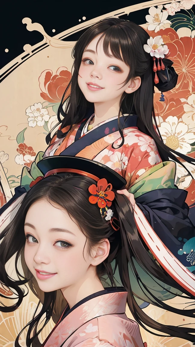 (SeaArt creates stunning illustrations of beautiful women in kimono)、Vividly colored Japanese Ukiyo-e style illustrations、A beautiful woman smiles and shows her upper white teeth、Brown-black long hair、Beautiful full body style、Let's dance a little Tokyo Ondo Yoiyoi、Beautiful new digital paintings,、Bright vibrant digital anime art、 Beautiful anime portraits、background、Torii gate of the Japan shrine、 Detailed digital anime art、