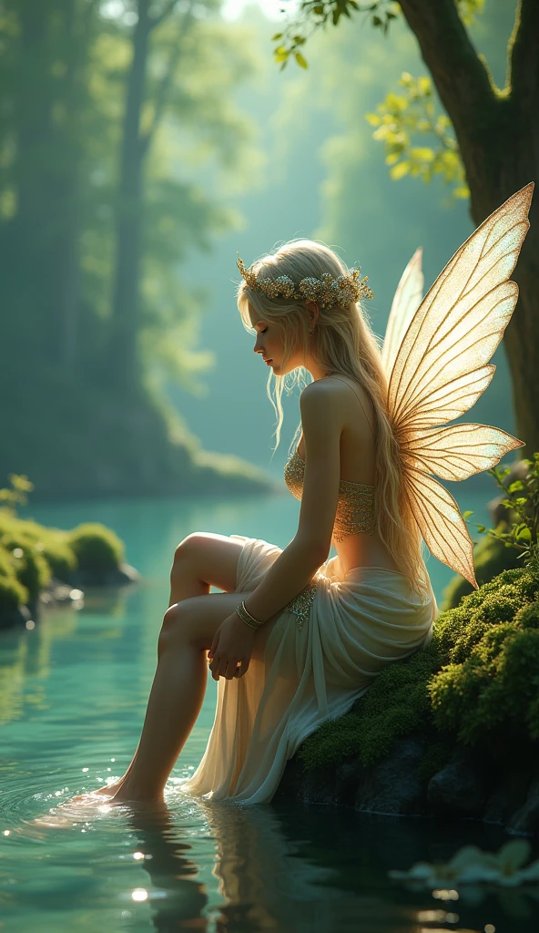 a woman dressed as a fairy is sitting on the edge of a body of water, beautiful fairie, forest fae, faerie, forest fairy, beautiful fairy, fairy magnificent, fairy cgsociety, beautiful adult fairy, fantasy photography, water fairy, stunning 3d render of a fairy, realistic fantasy photography, faeries, fairy aesthetics, fairies have wings, fairylike, fae, fairy look, beautiful fairies, fairy atmosphere