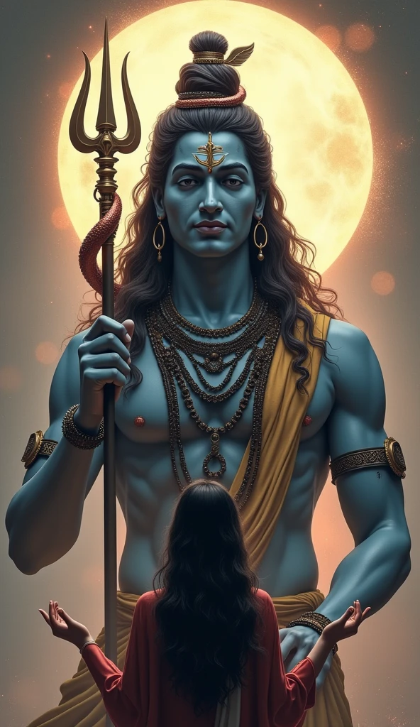 "Create a highly detailed and reverent image of Lord Shiva in a majestic and serene pose. Lord Shiva should be depicted with traditional attributes such as his trident (trishul), a serpent around his neck, and a crescent moon on his head. His expression should be calm and divine, with intricate details in his attire and surroundings. In front of Lord Shiva, place a person with outstretched hands, palms facing upwards, as if making a request or offering a prayer. The person should appear earnest and respectful, facing Lord Shiva with a devout expression. The background should complement the divine presence, with subtle, respectful elements that enhance the sacred atmosphere."