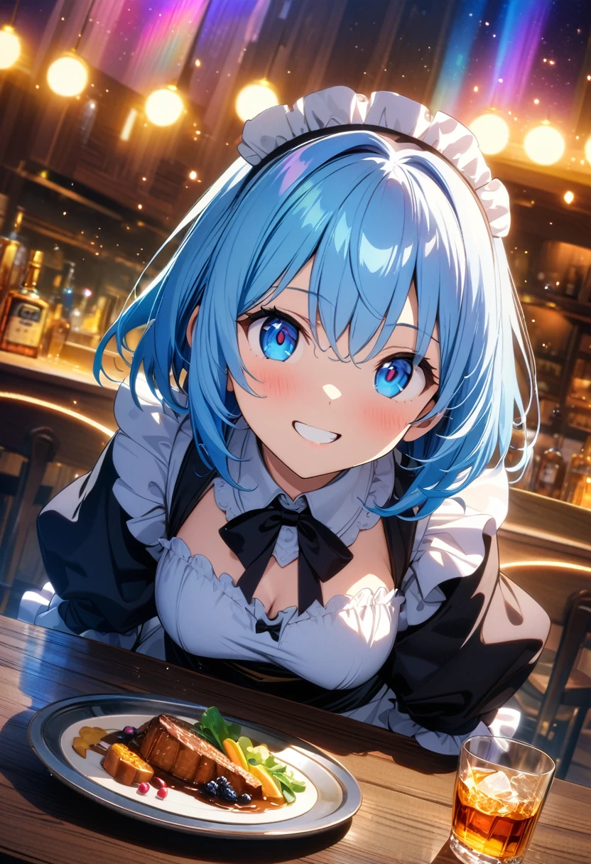 (wallpaper 8k CG), (masterpiece:1.4), (best quality), anime style, drawn, (maid), ((blue maid costume)), (((pale blue hair))), (blue eyes)(smile), (whisky, on a tray)), ((food, on the table)), ((Inside a Western restaurant)), (insanely detailed), (gold light effects:1.5), (looking at viewer:1.2), (rainbow aurora night sky,effects:1.3), (luminous particles:1.5),