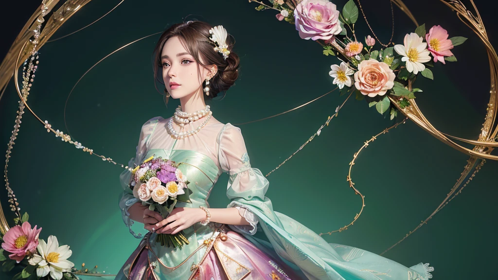 32K, 最高quality, 最高masterpiece, (ultra-Detailed Background, Detailed Background), High resolution, Super detailed, Very detailedな, 1 personの, (bouquet:1.3), (Tangled:1.2), (Geometric:1.2),(colorful),(masterpiece, quality, best quality, Official Art, Beautiful and beautiful:1.2), (1 person:1.3), Very detailed,(colorful:1.1)(Flowers:1.3),Most detailed,(Tangled:1.2), whole body, (Abstract background:1.3), (Skin glows), (Many colors:1.4), ,(Earrings Pearl:1.5), Emerald green pale background, It's imaginative., Brunette Hair, Updo, Holding a book, Holding a pen, Satin shirt