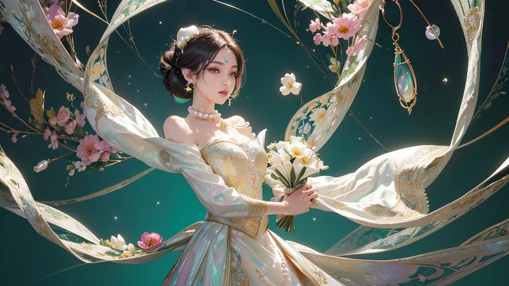 32K, 最高quality, 最高masterpiece, (ultra-Detailed Background, Detailed Background), High resolution, Super detailed, Very detailedな, 1 personの, (bouquet:1.3), (Tangled:1.2), (Geometric:1.2),(colorful),(masterpiece, quality, best quality, Official Art, Beautiful and beautiful:1.2), (1 person:1.3), Very detailed,(colorful:1.1)(Flowers:1.3),Most detailed,(Tangled:1.2), whole body, (Abstract background:1.3), (Skin glows), (Many colors:1.4), ,(Earrings Pearl:1.5), Emerald green pale background, It's imaginative., Brunette Hair, Updo, Holding a book, Holding a pen, Satin shirt